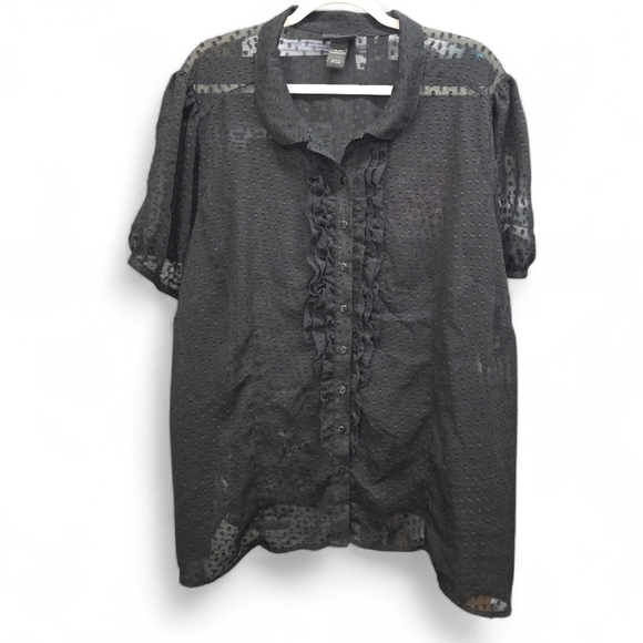 Lane Bryant Tops - Lane Bryant Black Swiss Dot Ruffle Button Front Blouse 26/28 Sheer Plus Size